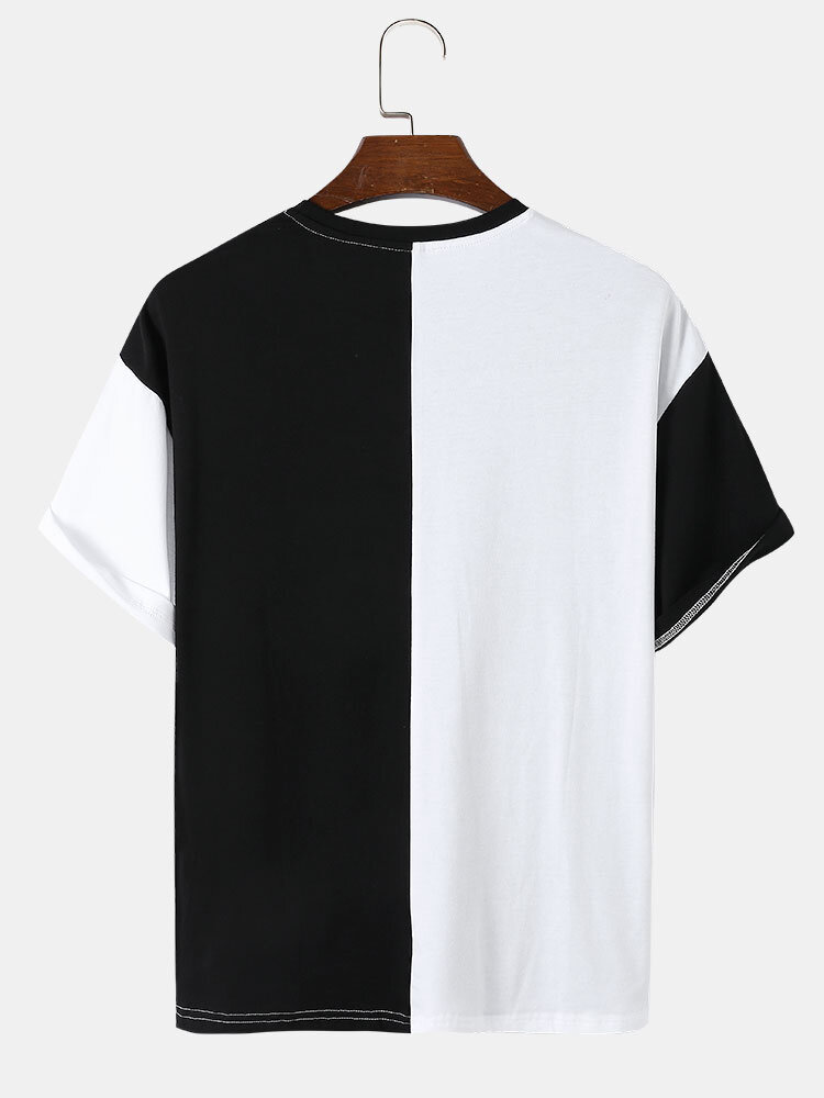 
	Mens Funny Face Print Two Tone Patchwork Preppy Short Sleeve T-Shirts