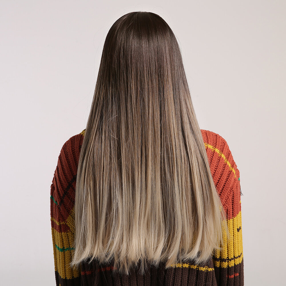 
	24 Inch Brown Gradient Milk Tea Color Neet Bangs Long Hair Wig Vertical Natural Soft Wig