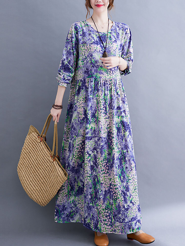 
	Floral Print Loose Long Sleeve O-neck Women Swing Dress