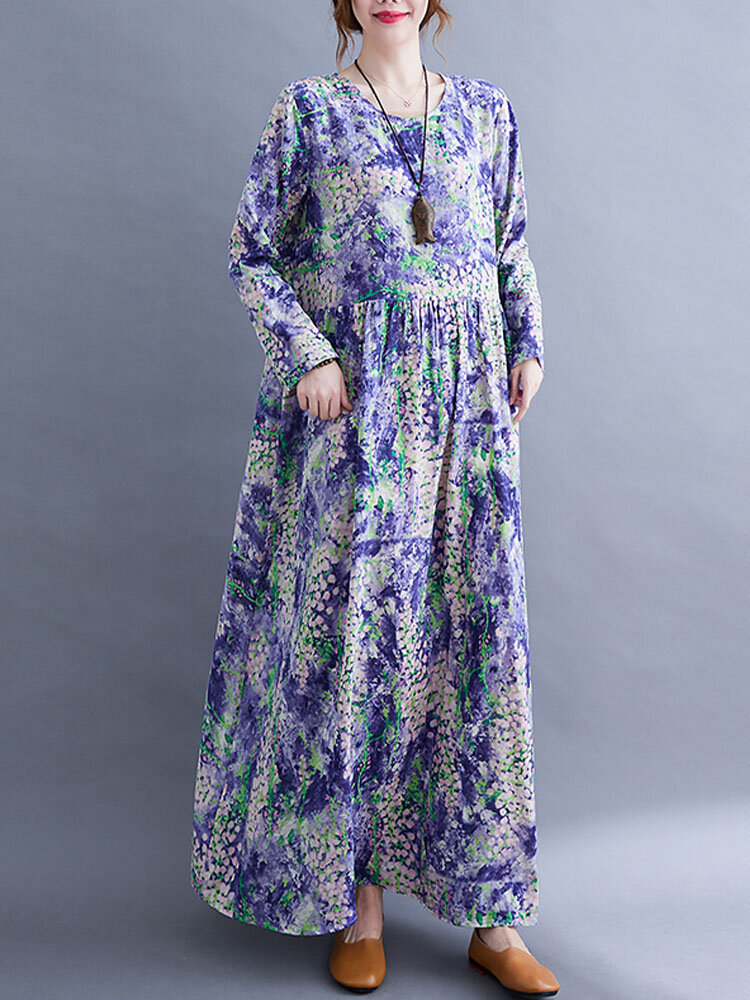 
	Floral Print Loose Long Sleeve O-neck Women Swing Dress