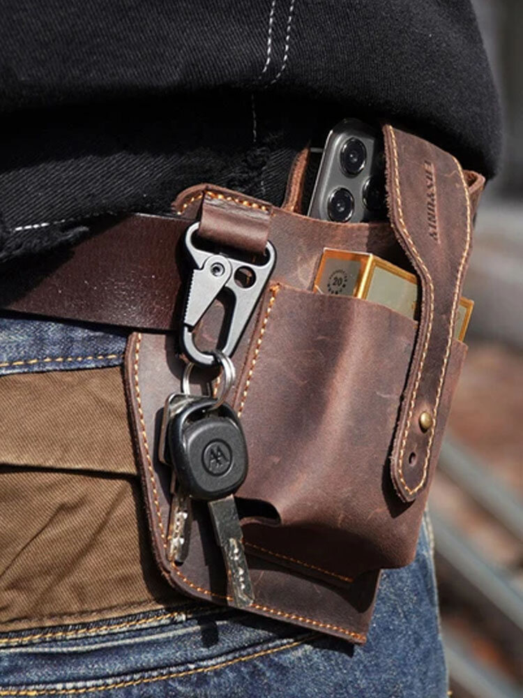 
	Men EDC Genuine Leather Keychain Holder 6.5 Inch Phone Bag Waist Bag Wallet