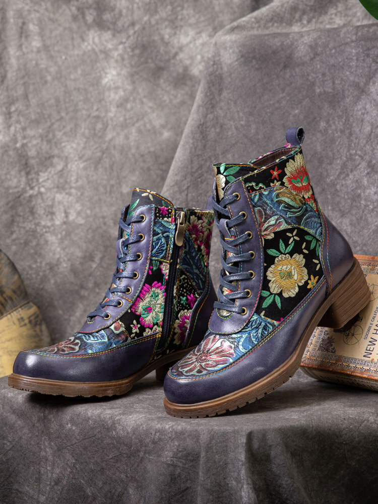 
	Socofy Vintage Floral Embossed Embroidery Leather Side-zip Comfy Warm Lining Chunky Low Heel Short Boots