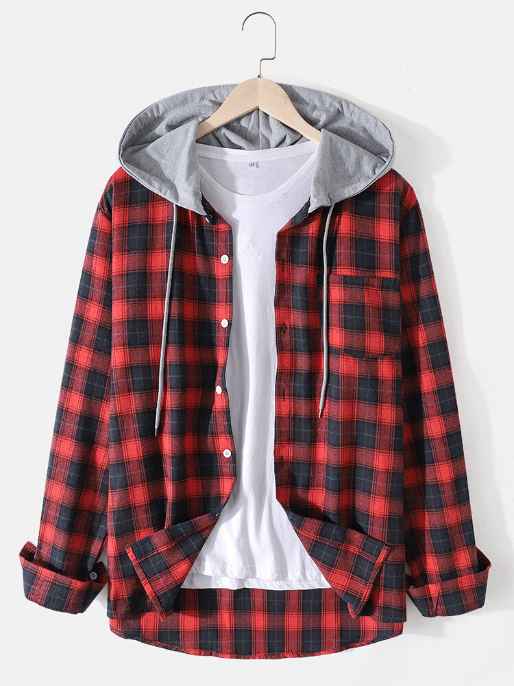 
	Mens Cotton Plaid Button Up Long Sleeve Casual Drawstring Hooded Shirts