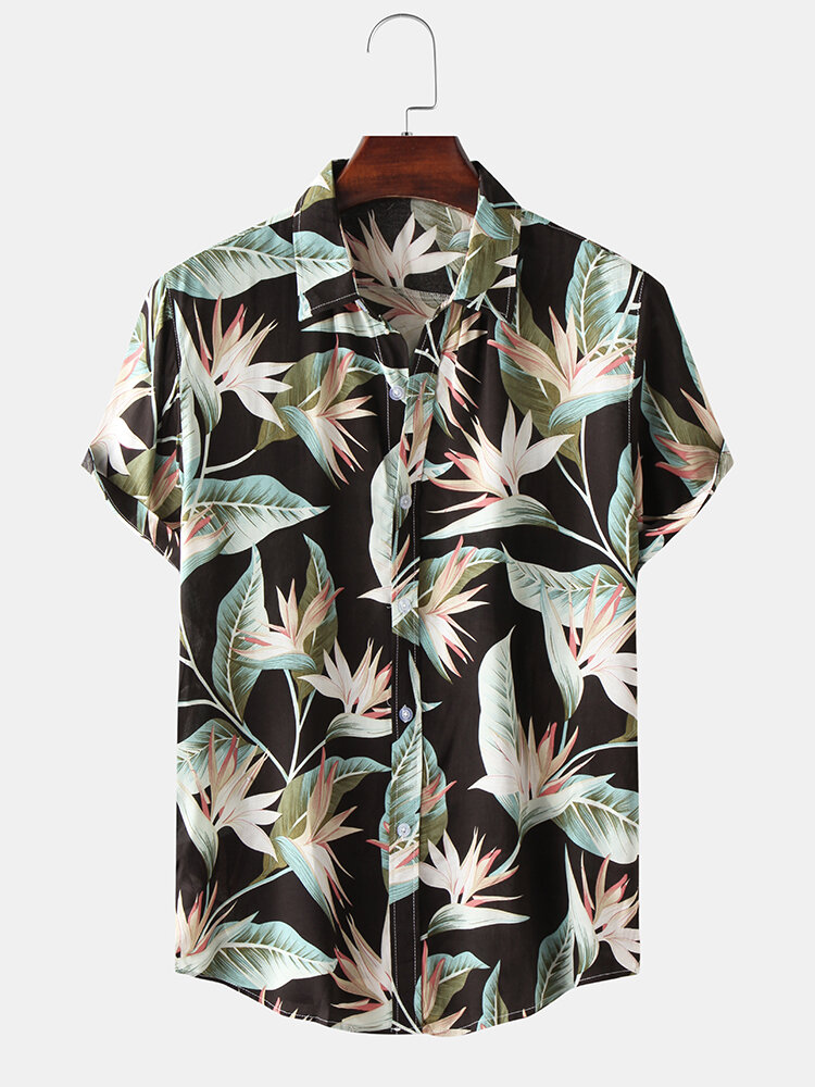 
	Mens Classical Oil Print Leaf Turn Down Collar Short Sleeve Shirts