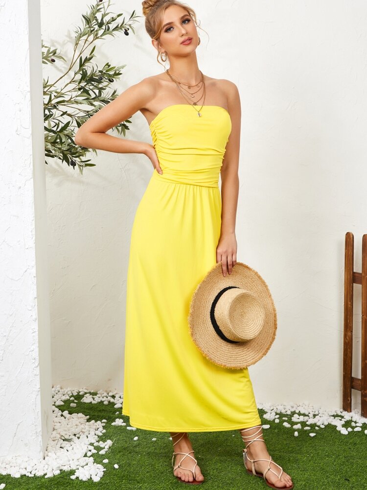 
	Solid Folds Backless Strapless Maxi Tube Top Dress