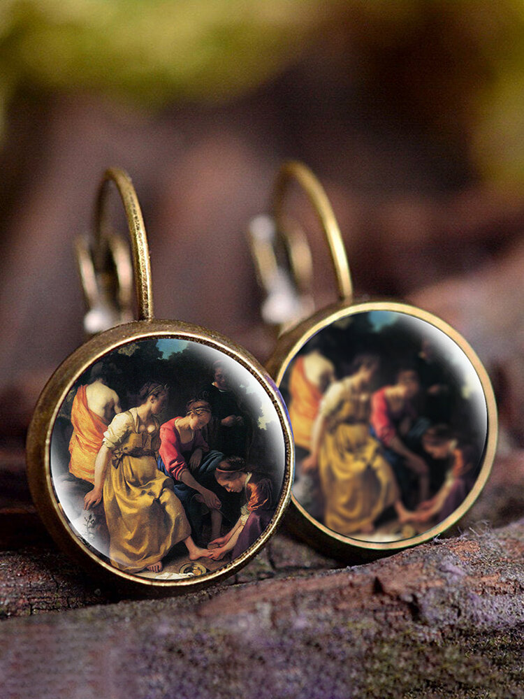 
	Vintage Glass Gemstone Dangle Earrings Famous Oil Printing Women Pendant Earrings