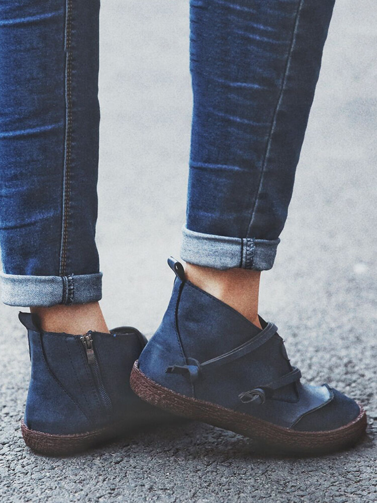 
	Women Retro Suede Patchwork Strappy V Shape Zipper Flat Ankle Boots