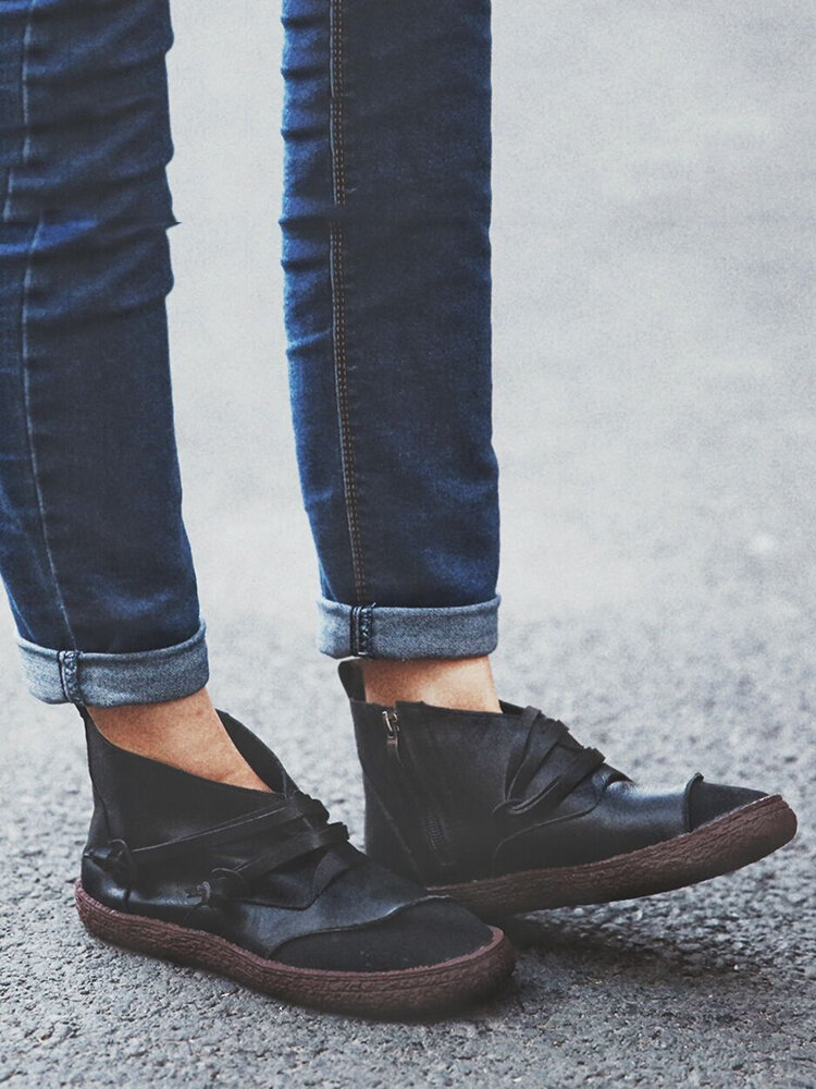 
	Women Retro Suede Patchwork Strappy V Shape Zipper Flat Ankle Boots