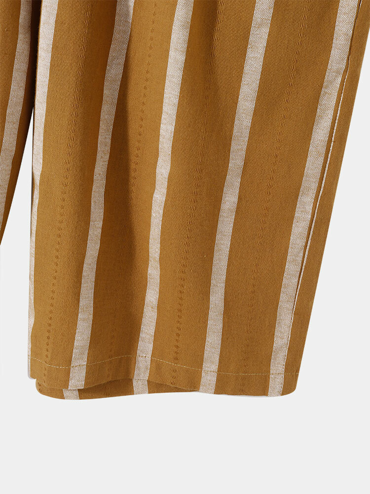 
	Mens 100% Cotton Striped Stand Collar Casual Striped Shrits&Bottoms Two Pieces Outfits