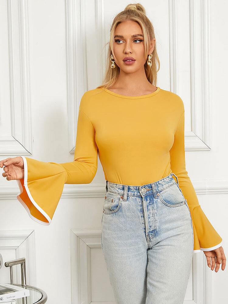 
	Contrast Color Bell Long Sleeve Crew Neck T-shirt