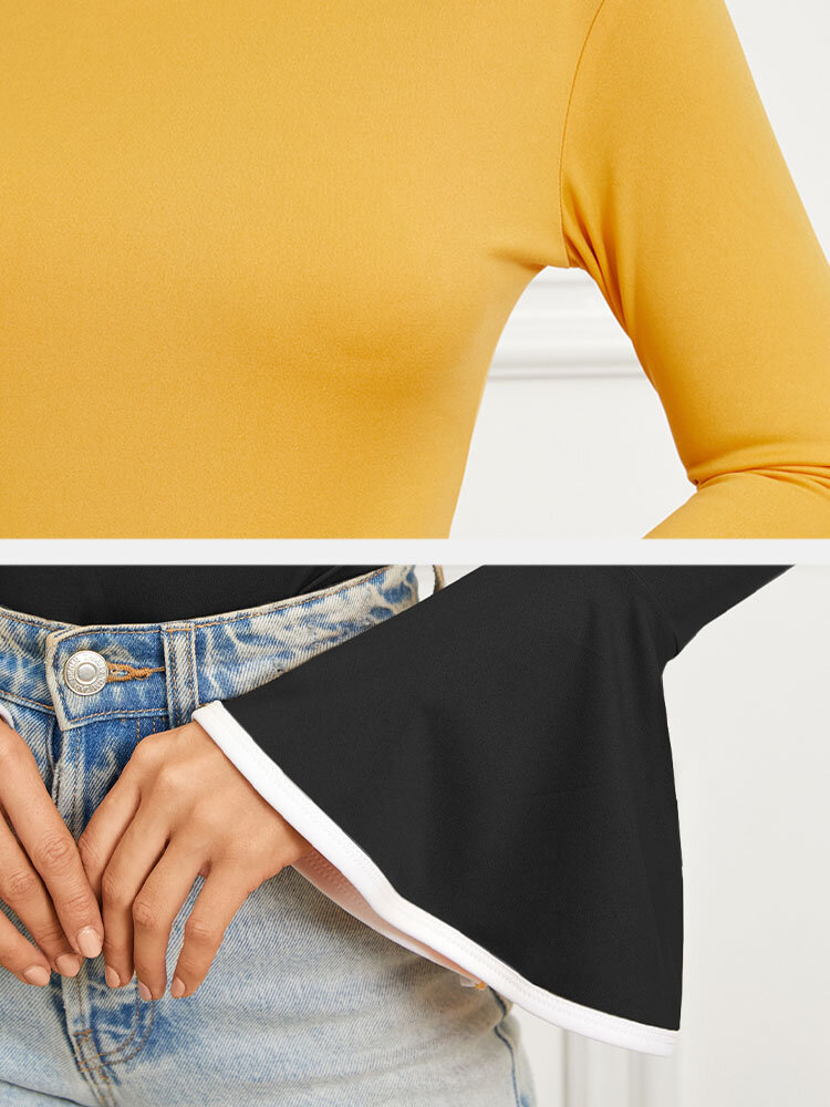 
	Contrast Color Bell Long Sleeve Crew Neck T-shirt