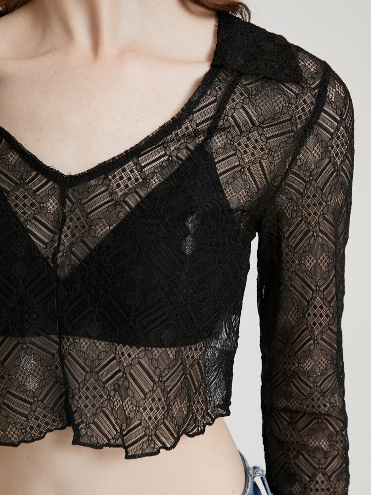 
	Crochet Lace See Through Flounce Sleeve V-neck Crop Top