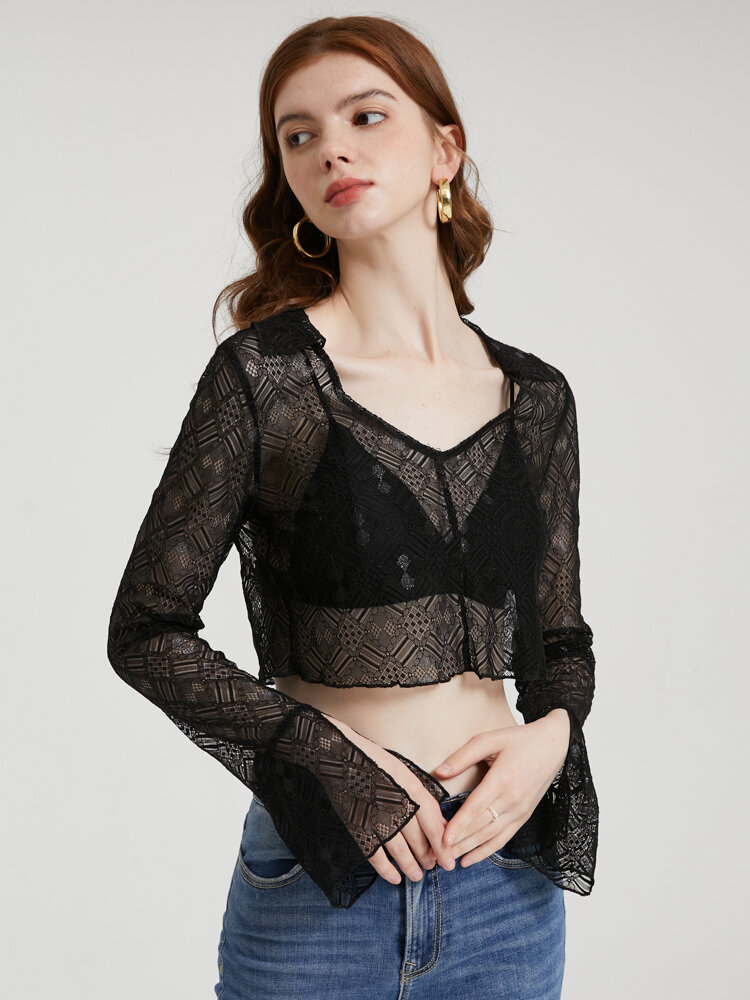 
	Crochet Lace See Through Flounce Sleeve V-neck Crop Top
