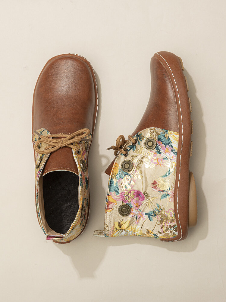 
	LOSTISY Flowers Pattern Splicing Solid Color Round Toe Comfy Lace-up Flat Ankle Boots