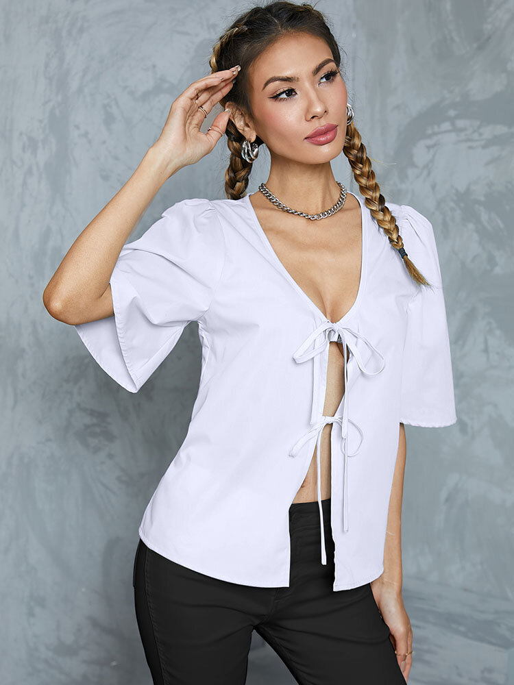 
	Solid Tie Front Half Sleeve Deep V-neck Blouse Women