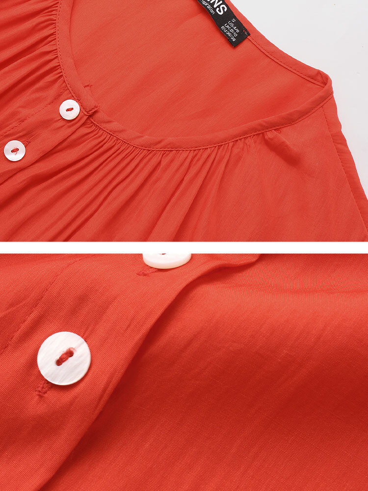 
	Solid Button Lantern Long Sleeve Crew Neck Blouse