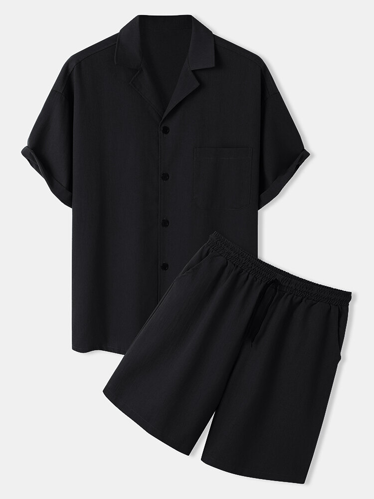 
	Mens Solid Color Revere Collar Button Up Loose Two Pieces Outfits