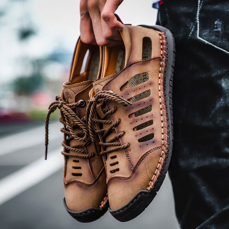 
	Men Closed Toe Hand Stitching Hole Leather Dress Sandals