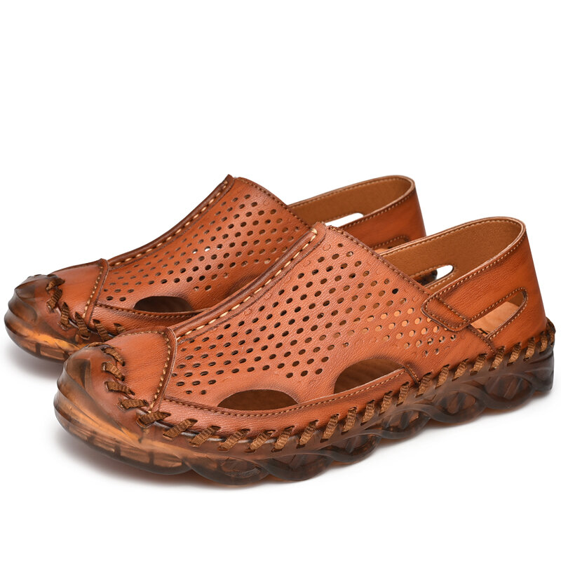 
	Men Hand Stitching Leather Hole Non Slip Outdoor Casual Sandals