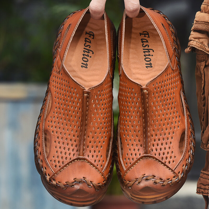 
	Men Hand Stitching Leather Hole Non Slip Outdoor Casual Sandals