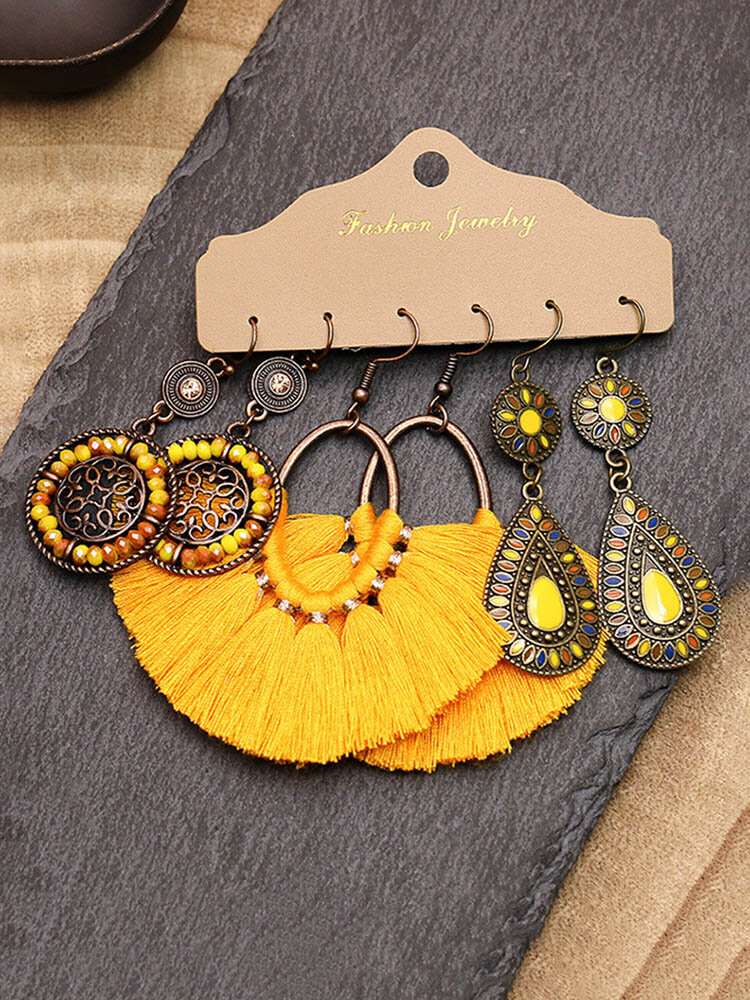 
	3 Pcs Vintage Irregular Women Earrings Set Drop-Shape Hollow Flower Hand-Woven Tassel Earrings