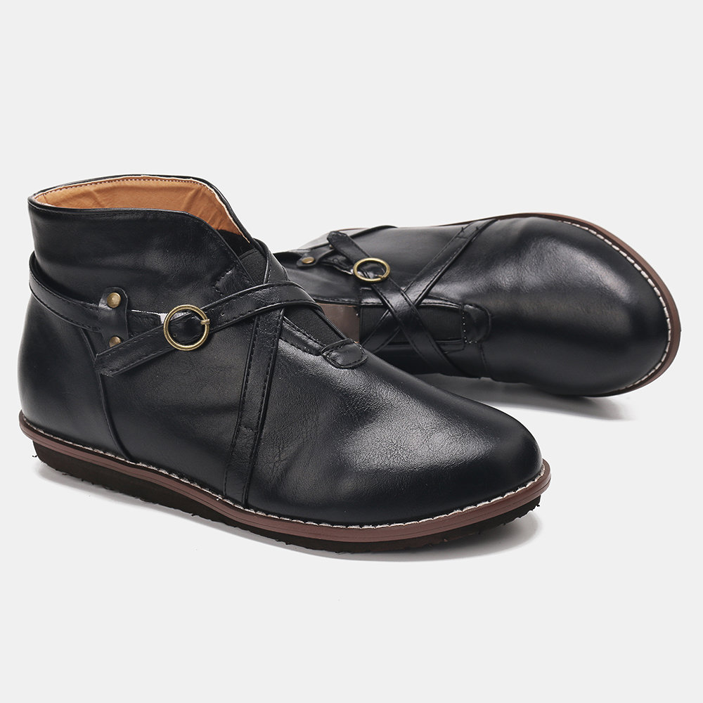 
	Large Size Women Comfy Leather Stitching Buckle Flat Ankle Boots