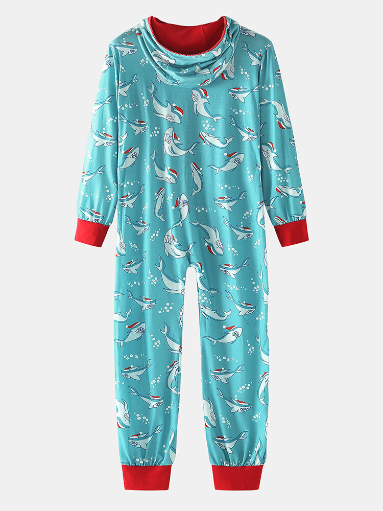 
	Shark Print Beam Footed Cozy Patchwork Cuffs Hooded Zipper Jumpsuits For Men