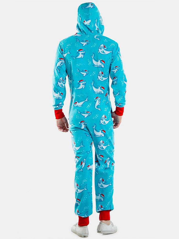 
	Shark Print Beam Footed Cozy Patchwork Cuffs Hooded Zipper Jumpsuits For Men