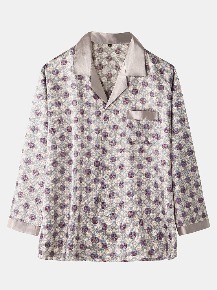 
	Geometric Faux&nbsp;Silk Home Loungewear Sets Two Pieces Long Sleeve Shirt Outfits For Men