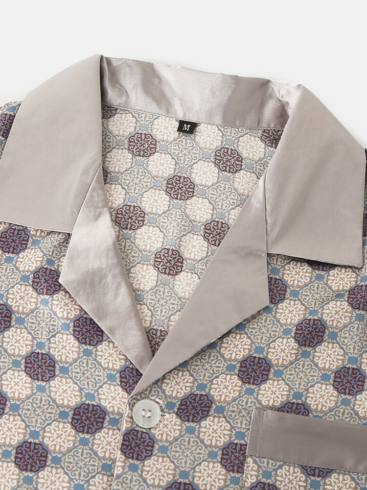 
	Geometric Faux&nbsp;Silk Home Loungewear Sets Two Pieces Long Sleeve Shirt Outfits For Men