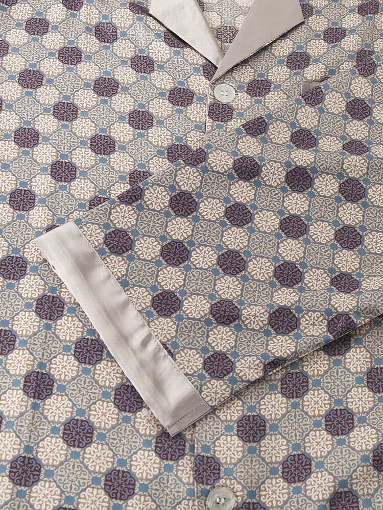 
	Geometric Faux&nbsp;Silk Home Loungewear Sets Two Pieces Long Sleeve Shirt Outfits For Men