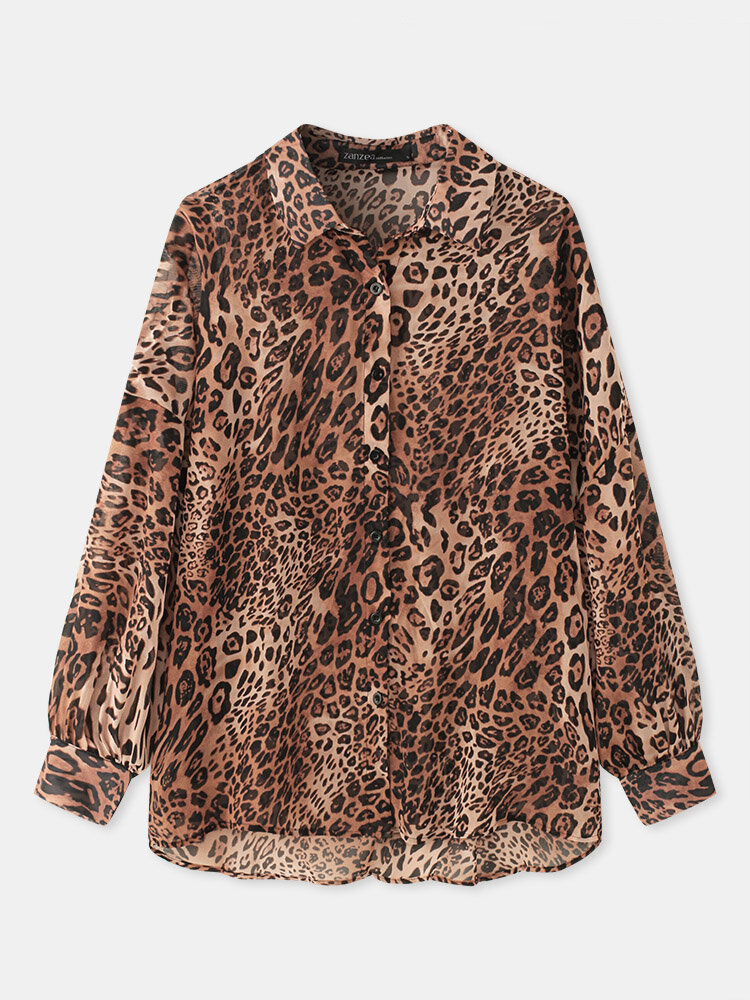 
	Leopard Print Lapel Long Sleeve Button Loose Blouse For Women