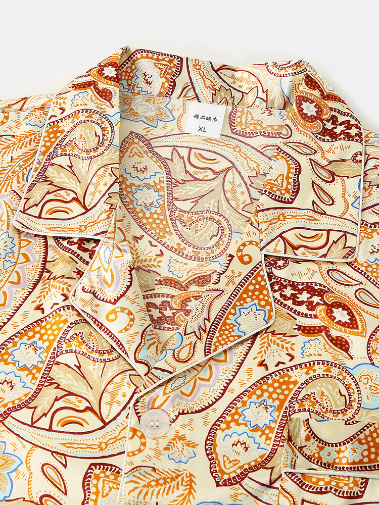 
	Yellow Floral Print Ice Silk Lapel Sleepwear Sets Surf Long-Sleeve Home Pajamas