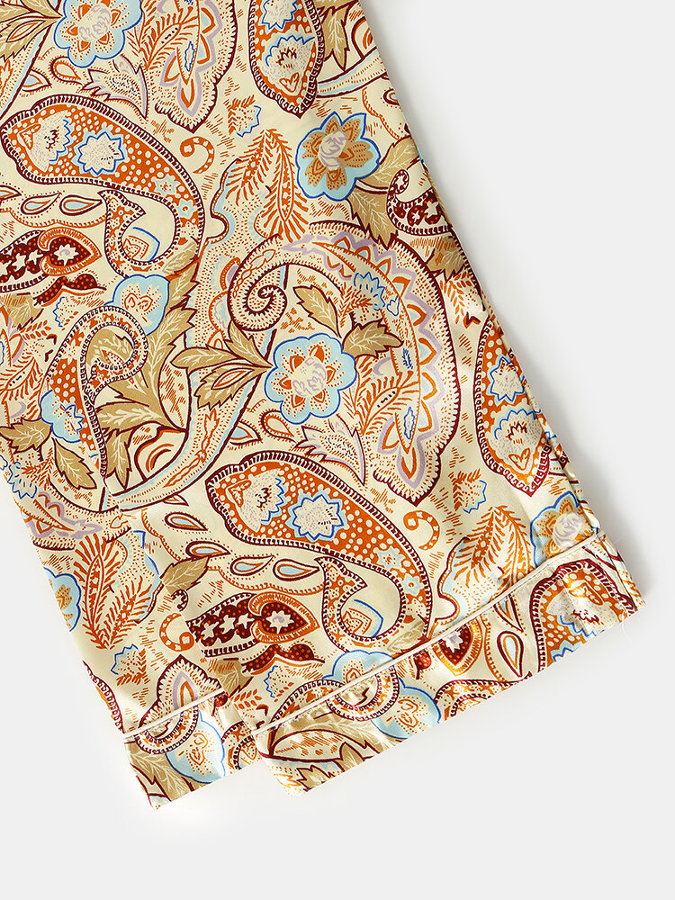 
	Yellow Floral Print Ice Silk Lapel Sleepwear Sets Surf Long-Sleeve Home Pajamas