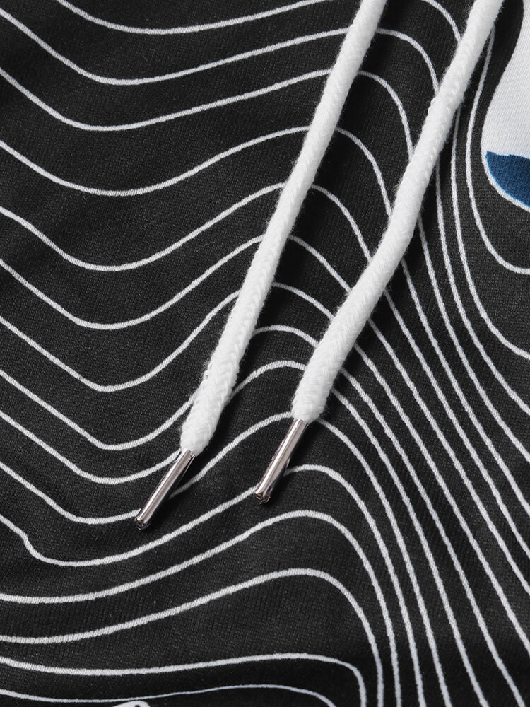 
	Contrast Color Cat Striped Print Drawstring Long Sleeve Casual Hoodie