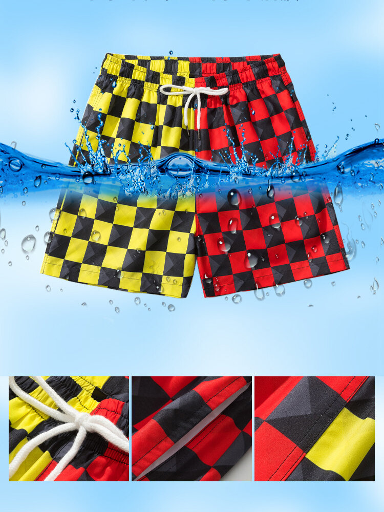 
	Mens Two Tone Checkered Patchwork Mesh Lined Breathable Drawstring Swim Trunks