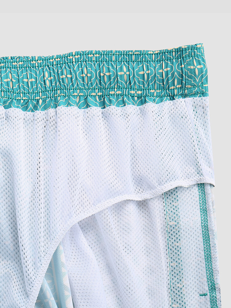 
	Men Elegant Print Patchwork Retro Style Lightweight Thin Drawstring Board Shorts