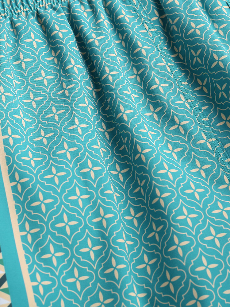 
	Men Elegant Print Patchwork Retro Style Lightweight Thin Drawstring Board Shorts