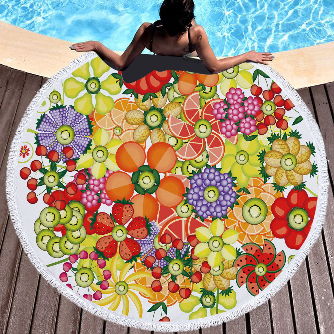 
	Fresh Fruits Round Beach Towel Blanket Hawaii Hawaiian Tropical Large Microfiber Terry Beach Roundie Palm Circle Picnic Carpet Yoga Mat with Fringe