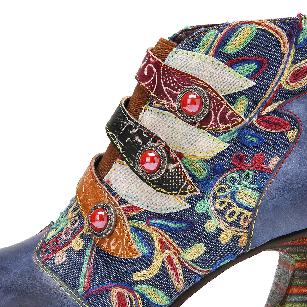 
	SOCOFY Flowers Embroidery Splicing Genuine Leather Wearable Sole Chunky Heel Ankle Boots