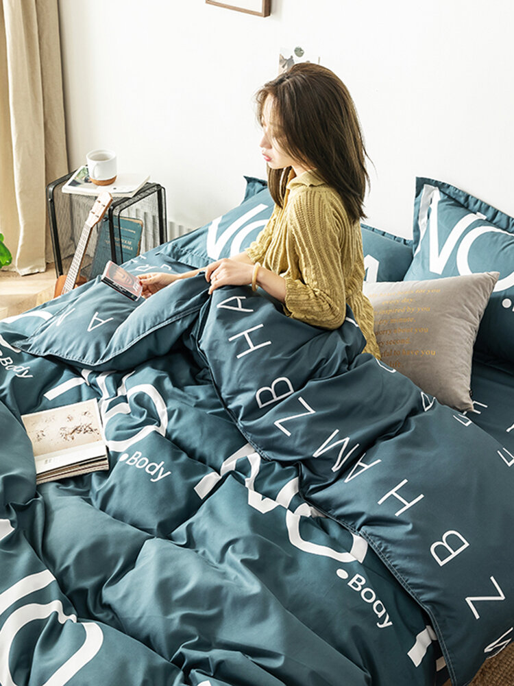 
	3/4 Pcs Letters Print Solid Color Aloe Cotton Comfy Bedding Set Sheet Duvet Cover Pillowcase