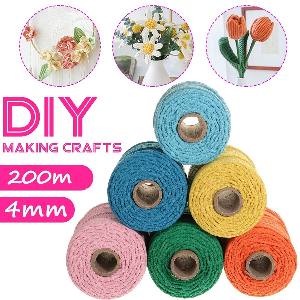 
	1Pc 200mx4mm Color Cotton Rope Cotton Thread Braiding Rope Hand DIY Decorative Rope Tapestry Weaving Rope