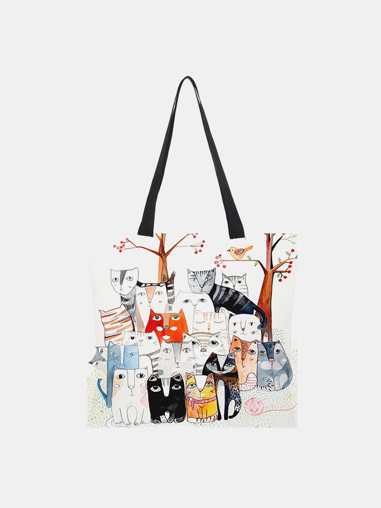 
	Women Cotton Linen Cat Print Handbag Tote