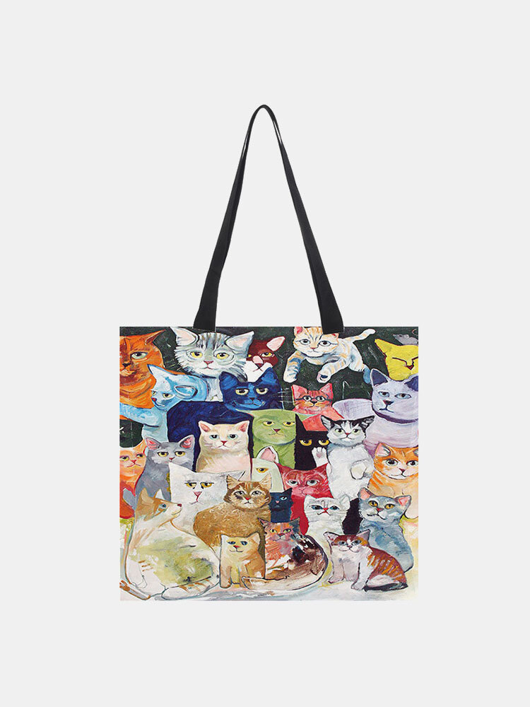 
	Women Cotton Linen Cat Print Handbag Tote