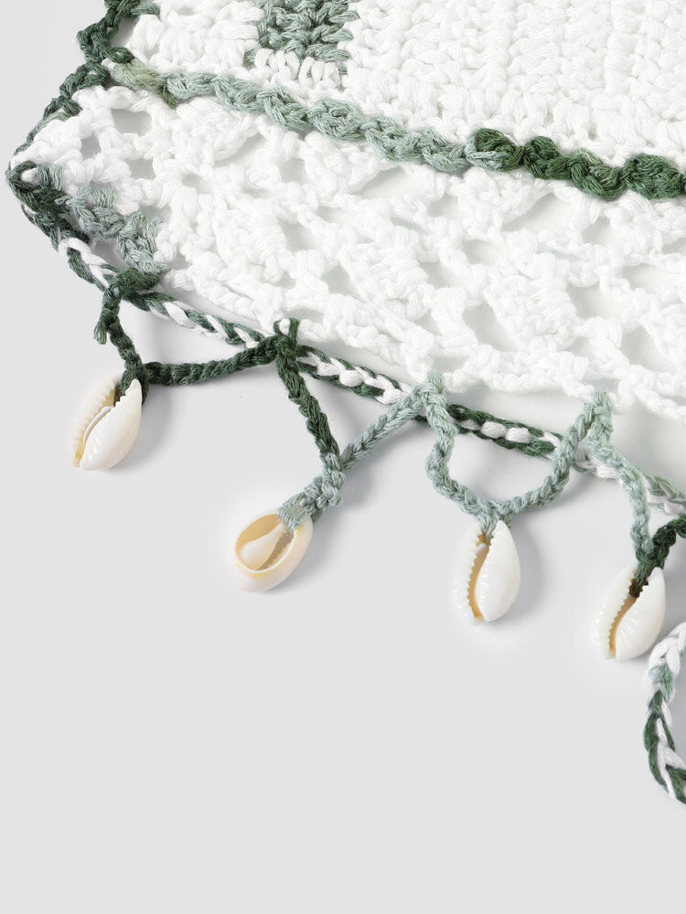 
	Knit Crochet Open Back Halter Tassel Bohemian Crop Top