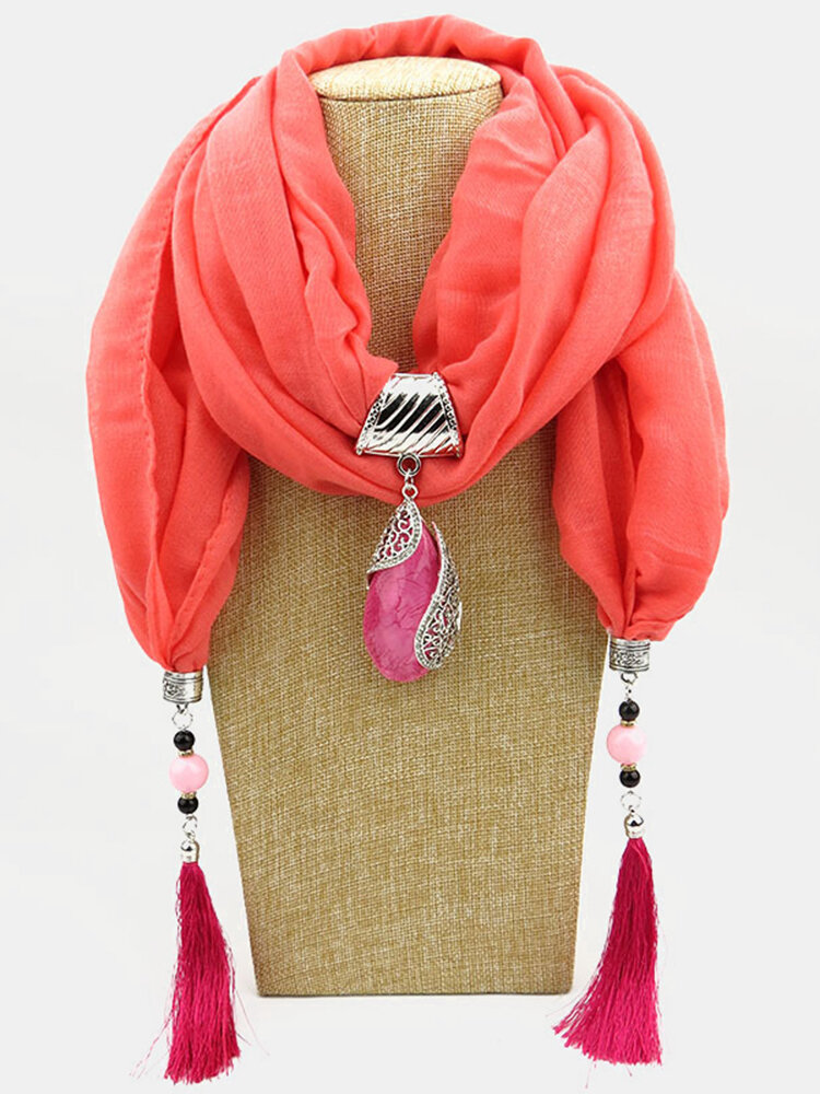 
	Bohemian Drop Shape Gem Pendant Scarf Necklace Women Tassel Multi-layer Necklace