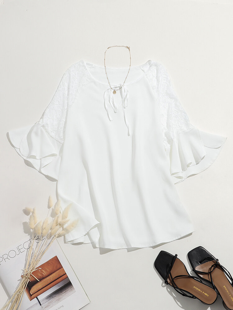 
	Lace Stitch Bell Half Sleeve Tie Crew Neck Blouse