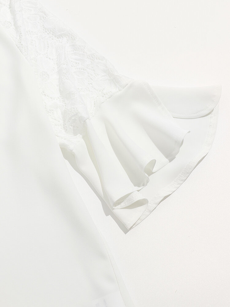 
	Lace Stitch Bell Half Sleeve Tie Crew Neck Blouse