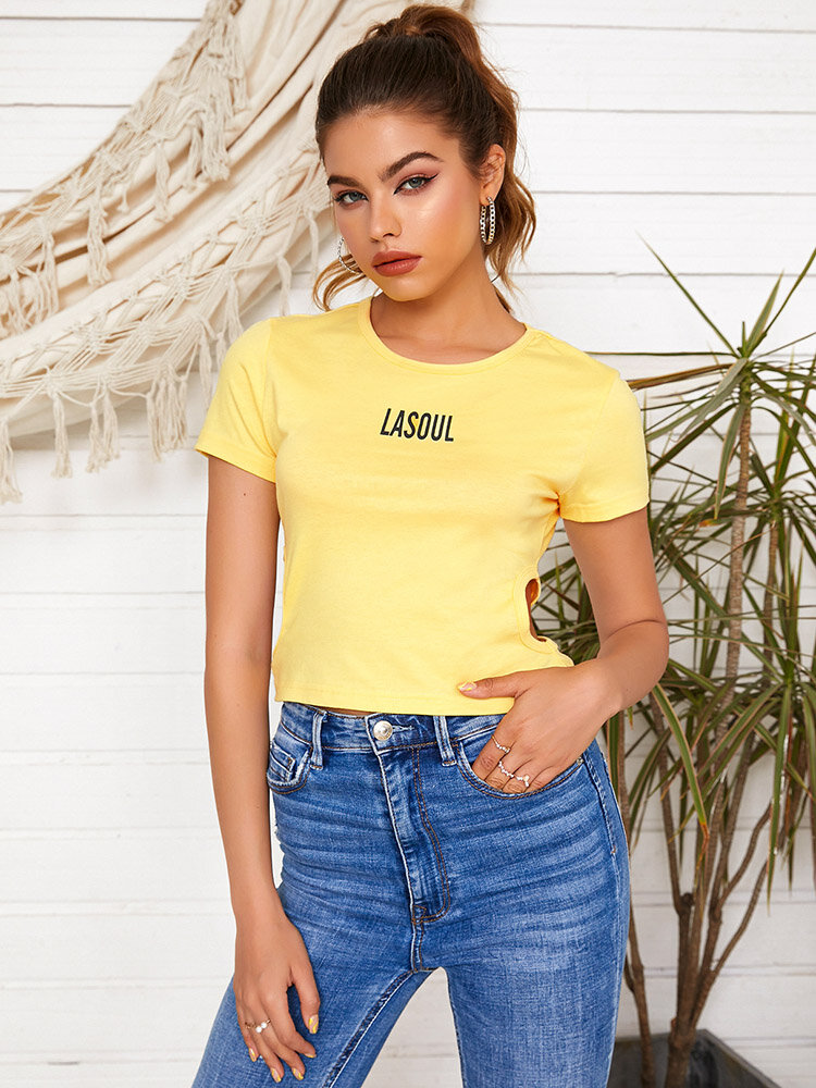 
	Letters Graphic Short Sleeve Hollow Crew Neck T-shirt