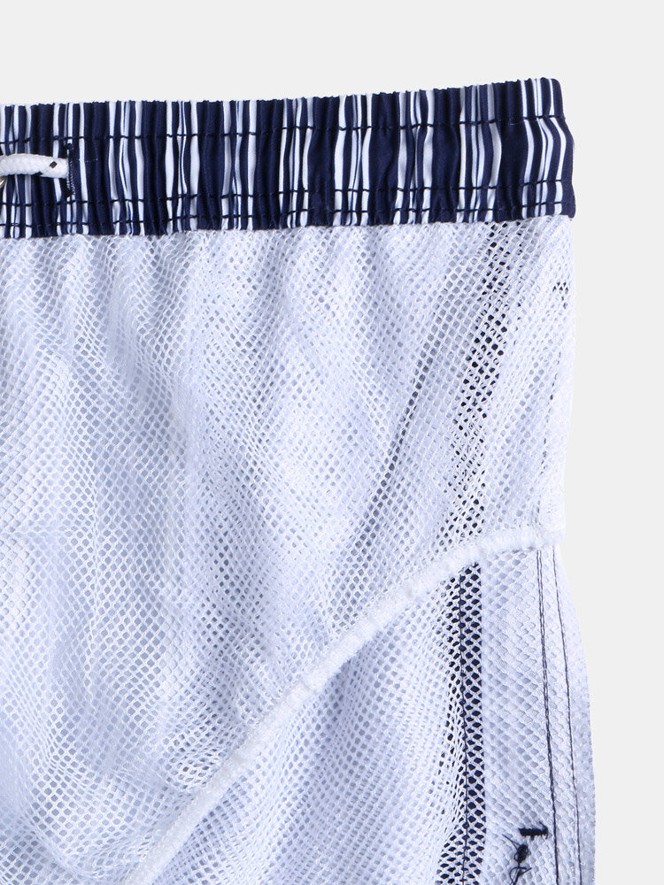 
	Mens Vertical Stripe Breathable Vintage Drawstring Swim Trunks With Mesh Lined